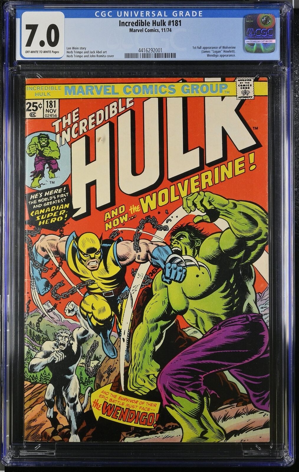 Incredible Hulk #181 CGC FN/VF 7.0 1st Full Appearance Wolverine Marvel 1974