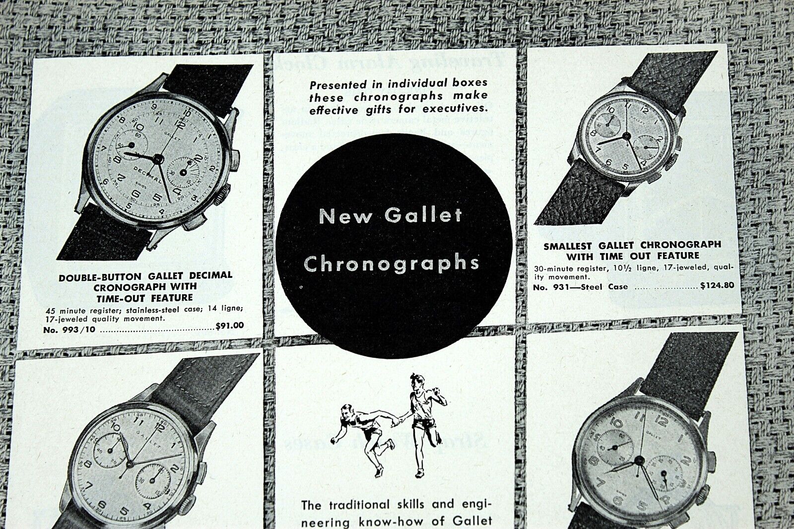 Vintage 1952 GALLET Chronographs Print Ad B/W with Prices