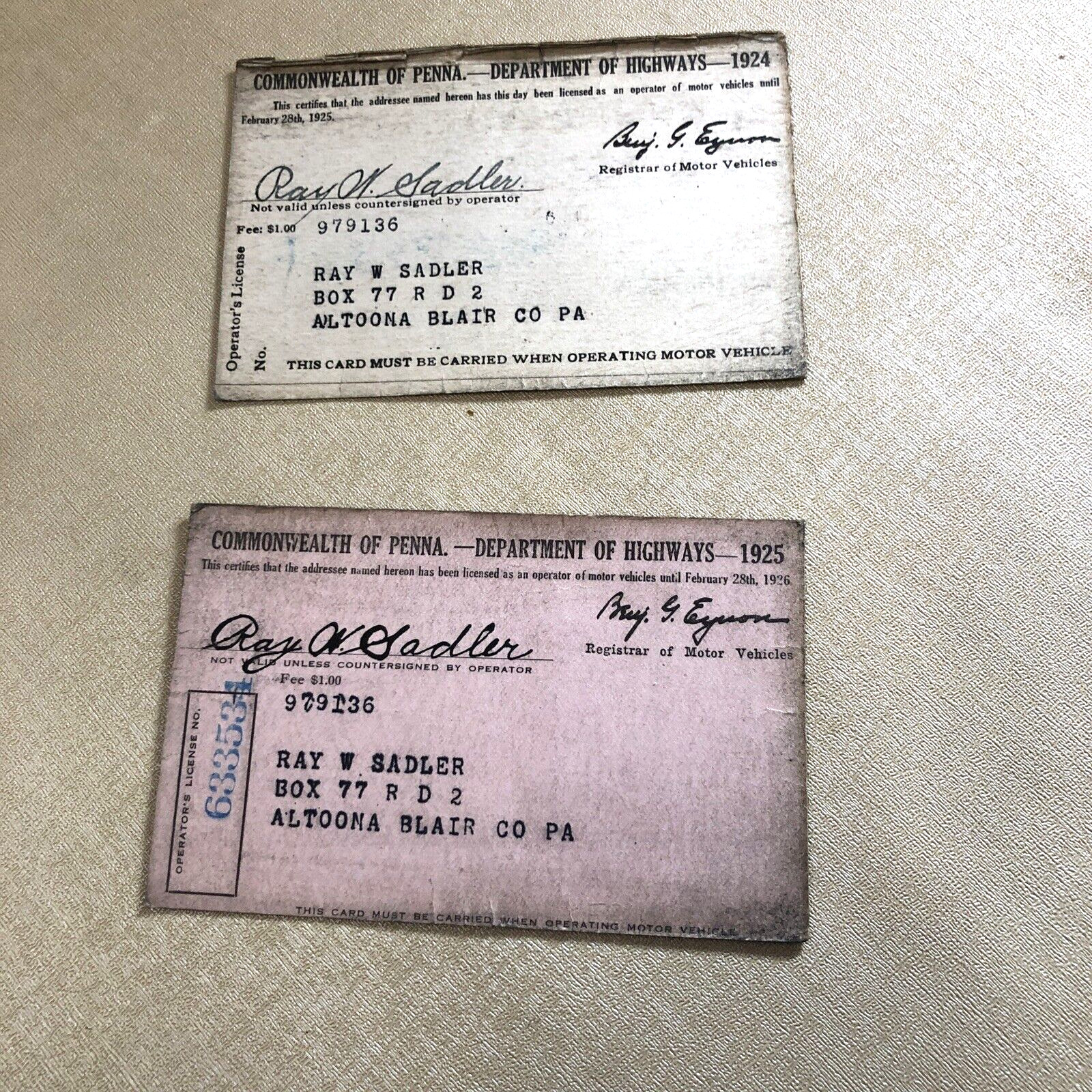 Lot of 2 Commonwealth of Penna Department of Highways 1924 & 1925 License card