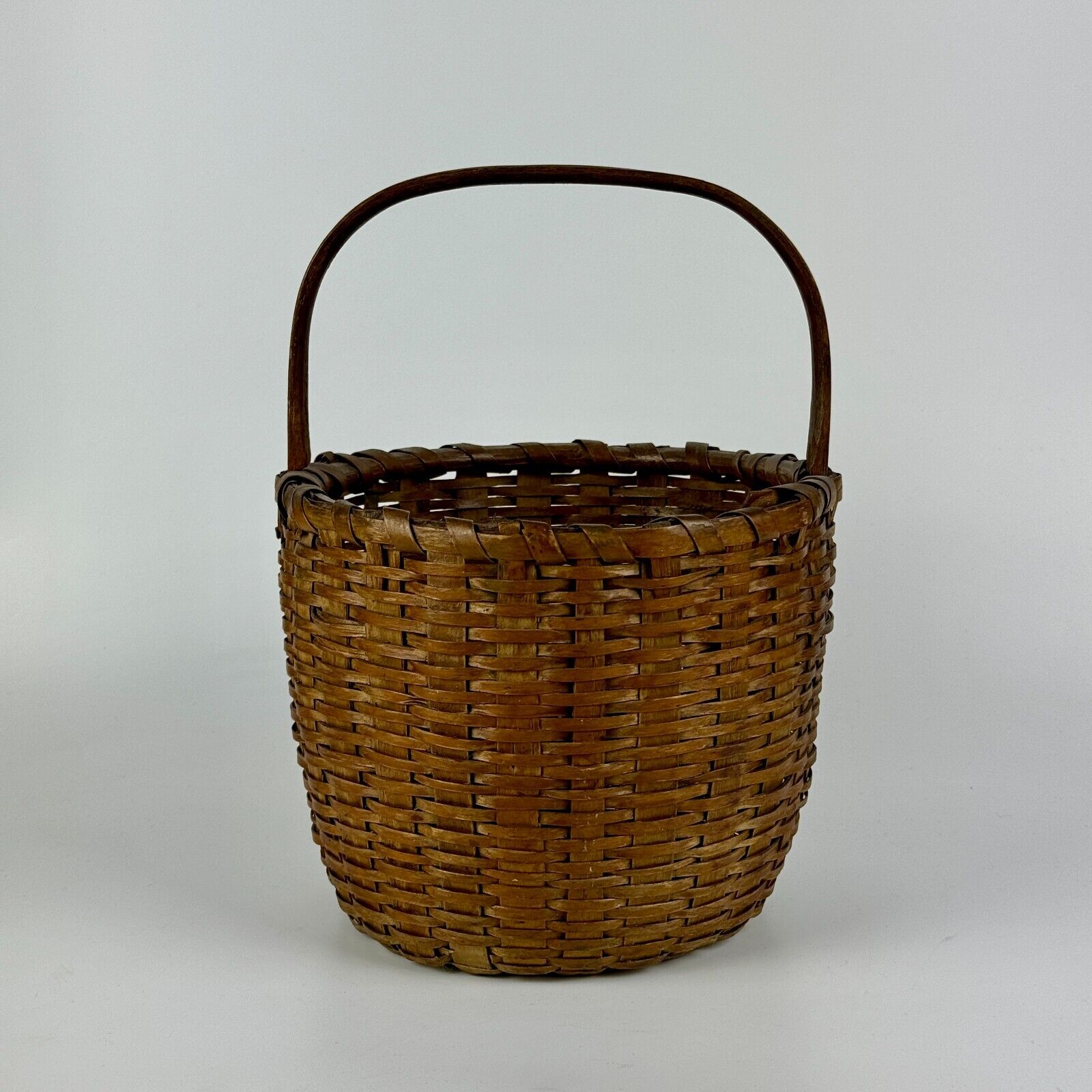 19th Century Antique Woven Ash Splint Gathering Basket, Round & Deep With Handle