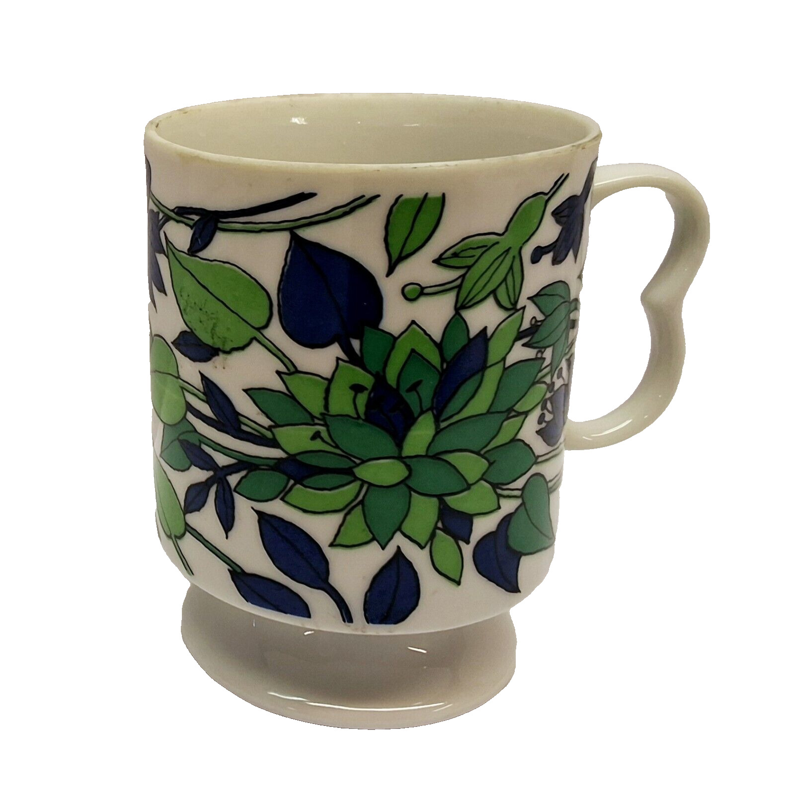 Vintage 1960s Japanese Blue & Green Flower Motif Mod Style Pedestal Teacup Mug