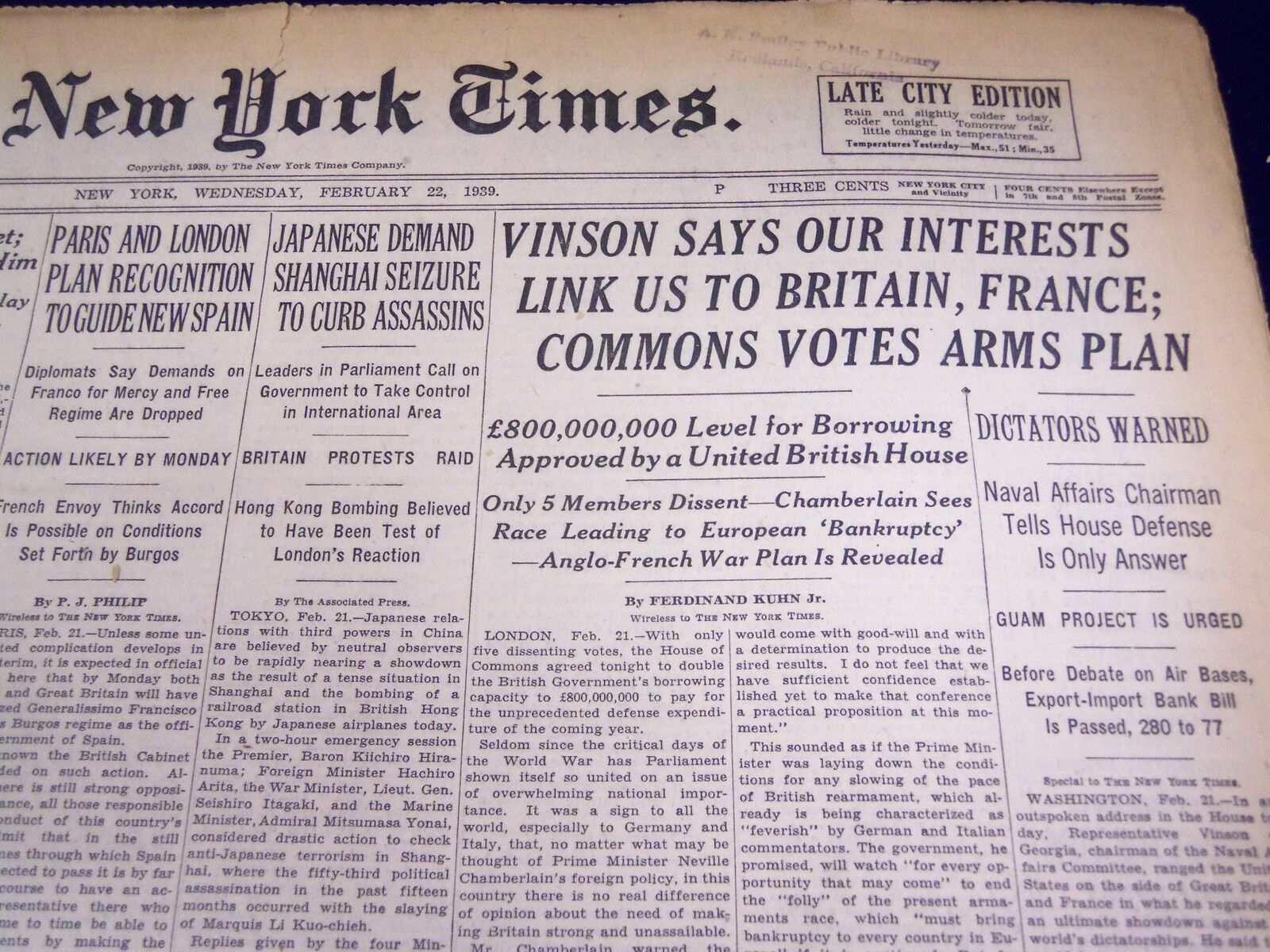 1939 FEB 22 NEW YORK TIMES VINSON SAYS OUR INTERESTS LINK US TO BRITAIN - NT 583