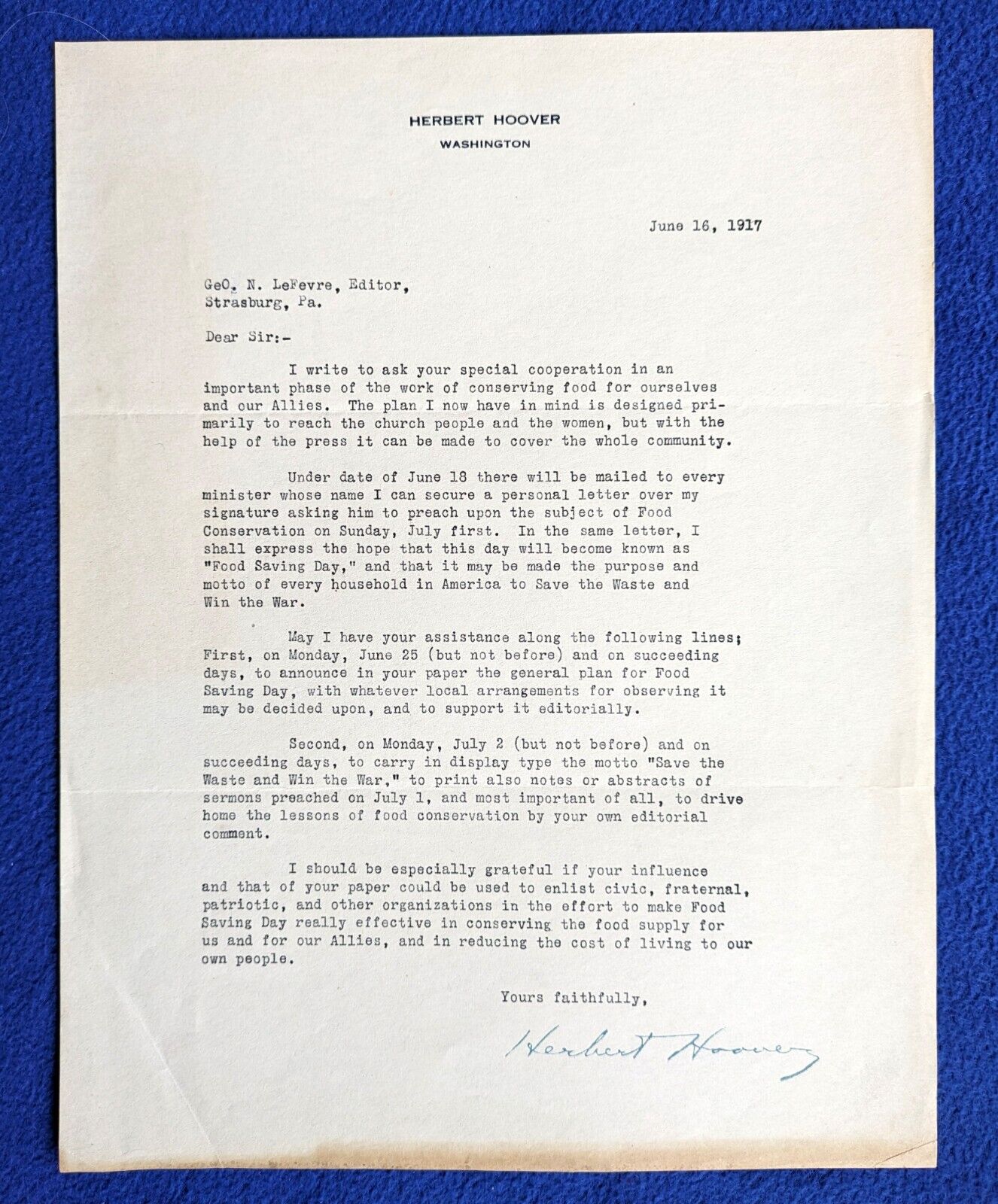Herbert Hoover Signed June 1917 letter to newspaper editor - Food Saving Day