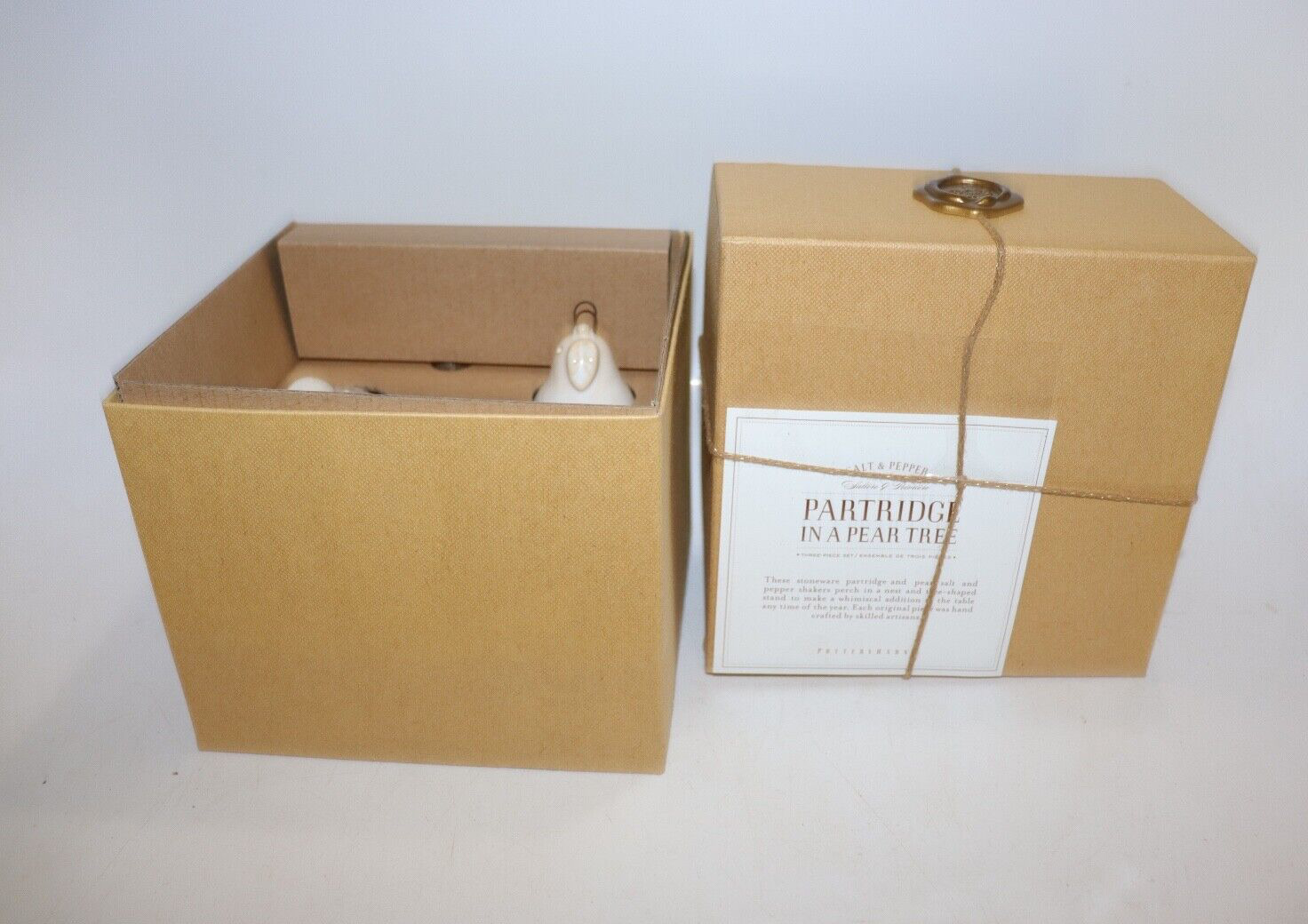 POTTERY BARN Partridge in a Pear Tree Salt /Pepper Shakers Set Bird Nest Org Box