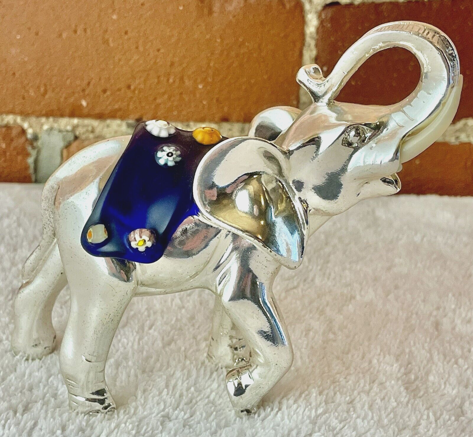 925 Sterling Silver Elephant Hand Blown Millefiori Murano Glass Paperweight 4.5\