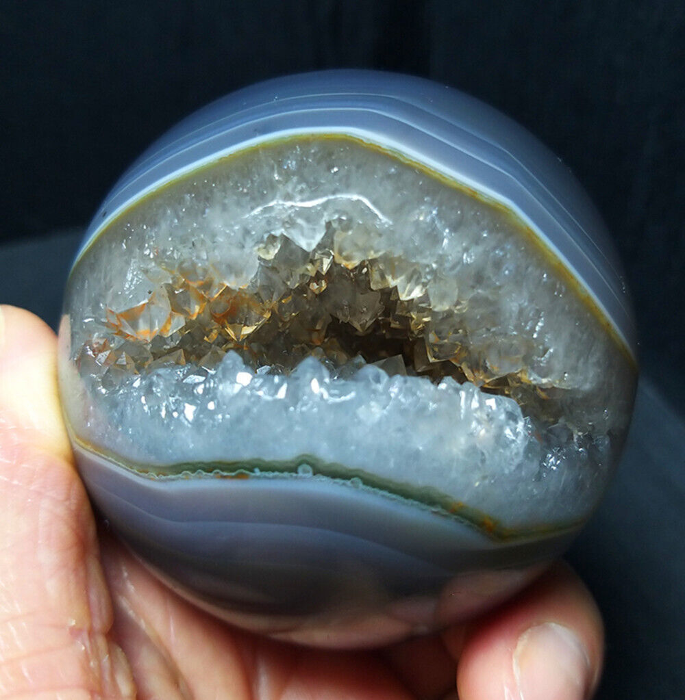 TOP 370G Natural Polished Geode Blue Agate Stone Sphere Madagascar YWD535