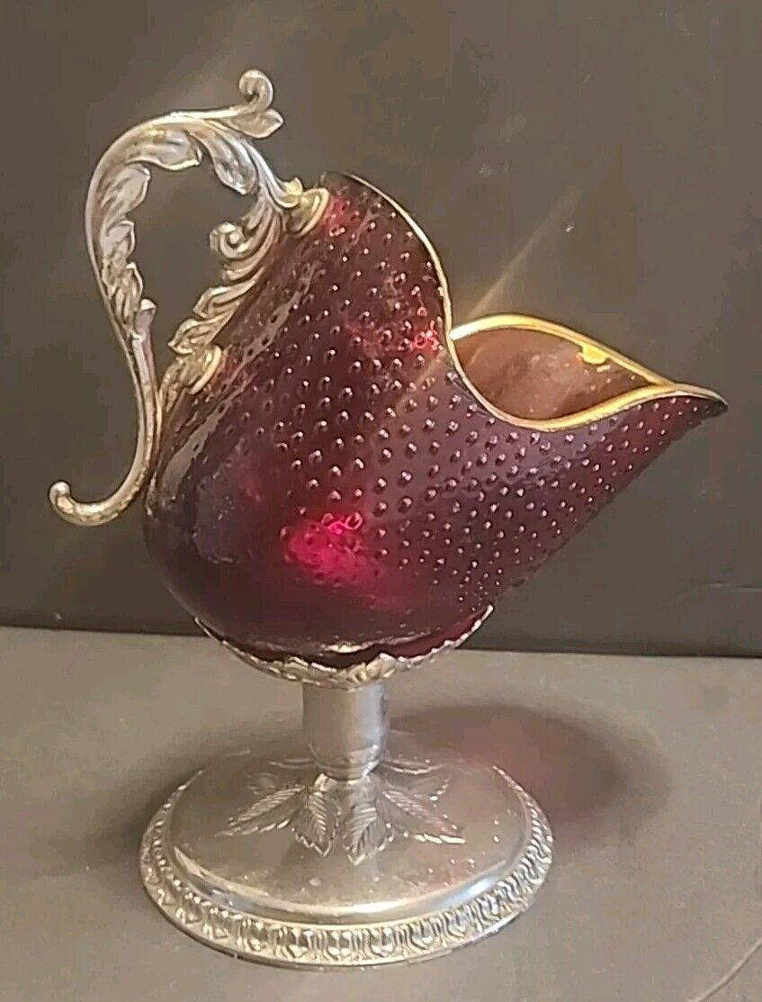 Rare, Magnificent Vintage Silver and Red Glass Strawberry Coal Scuttle Bowl 