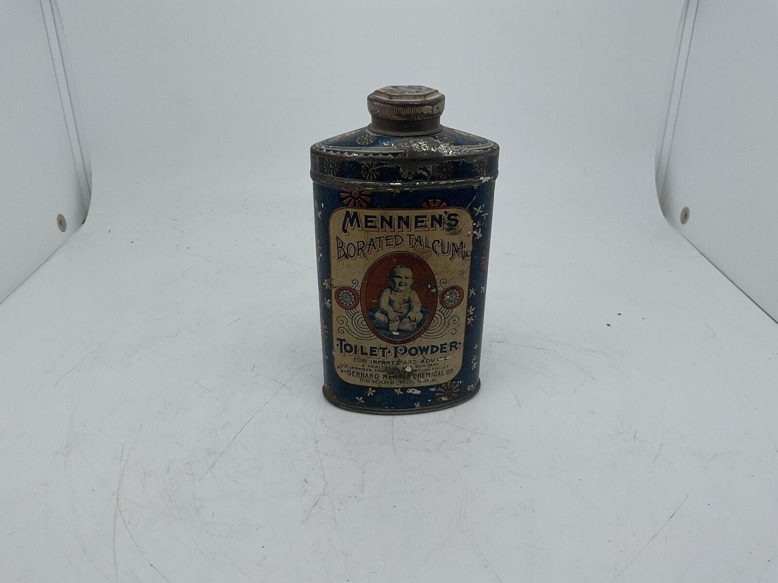 Antique Patent 1910 Mennen's Borated Talcum Toilet Talc Baby Powder Tin
