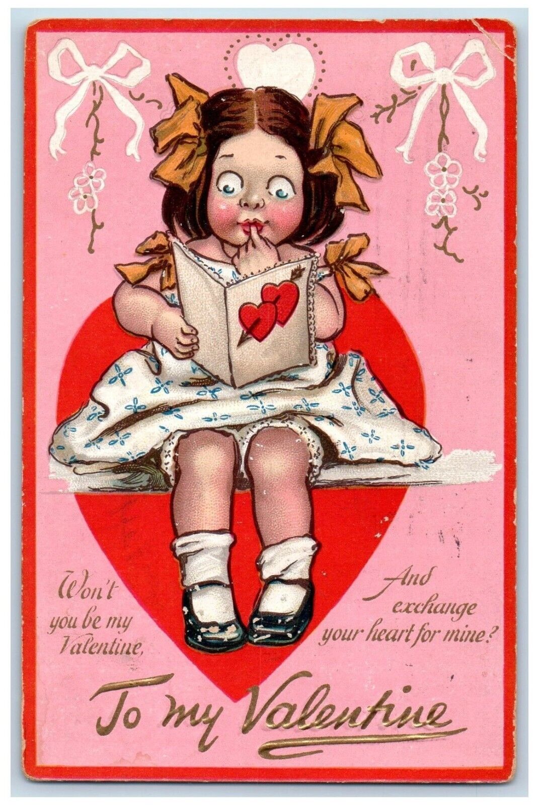 Oakland CA Postcard Valentine Little Girl With Letter Loving Hearts 1910 Antique
