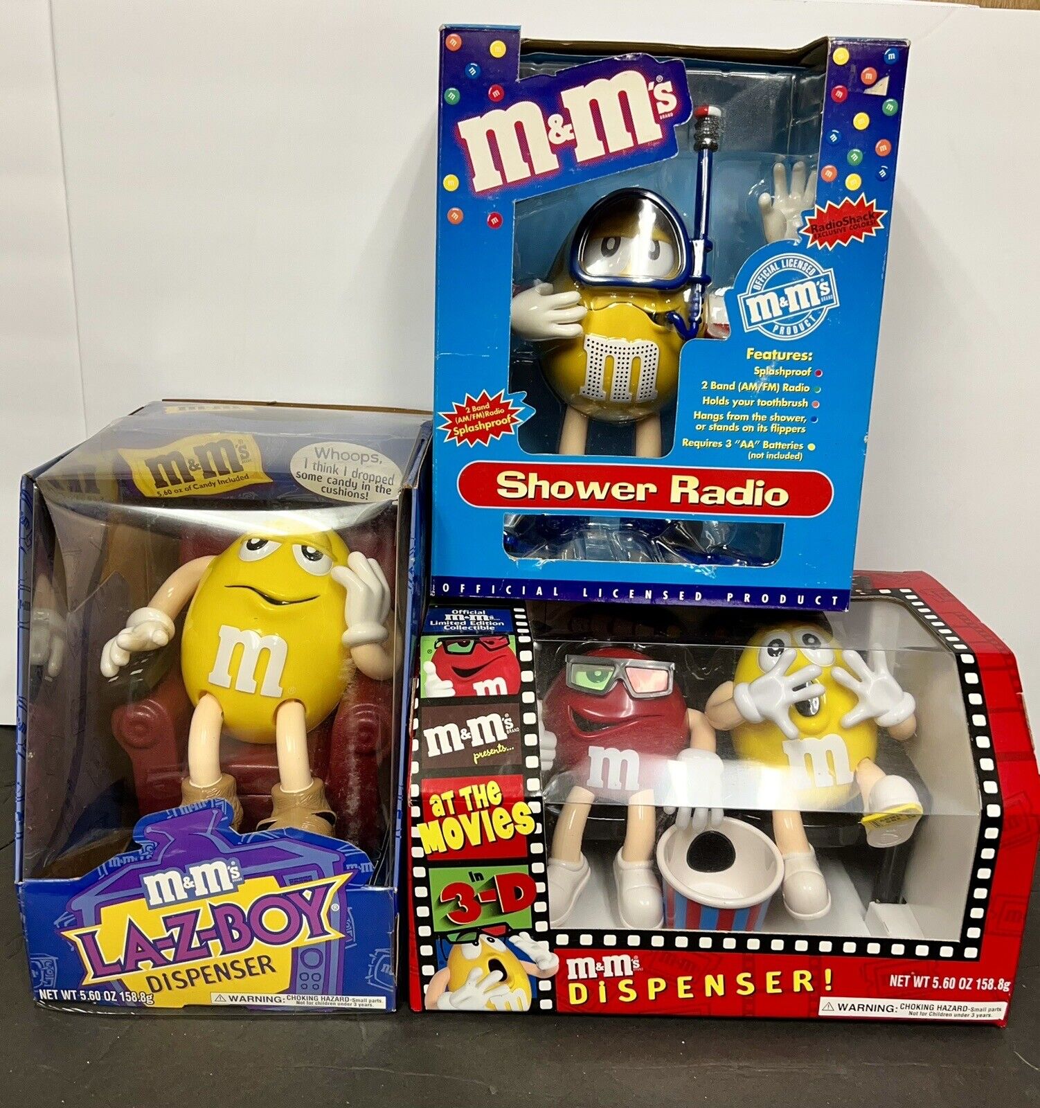 Lot Of 3 Vtg M&M\'s Candy Dispensers Collectible La Z Boy Shower Radio Movies