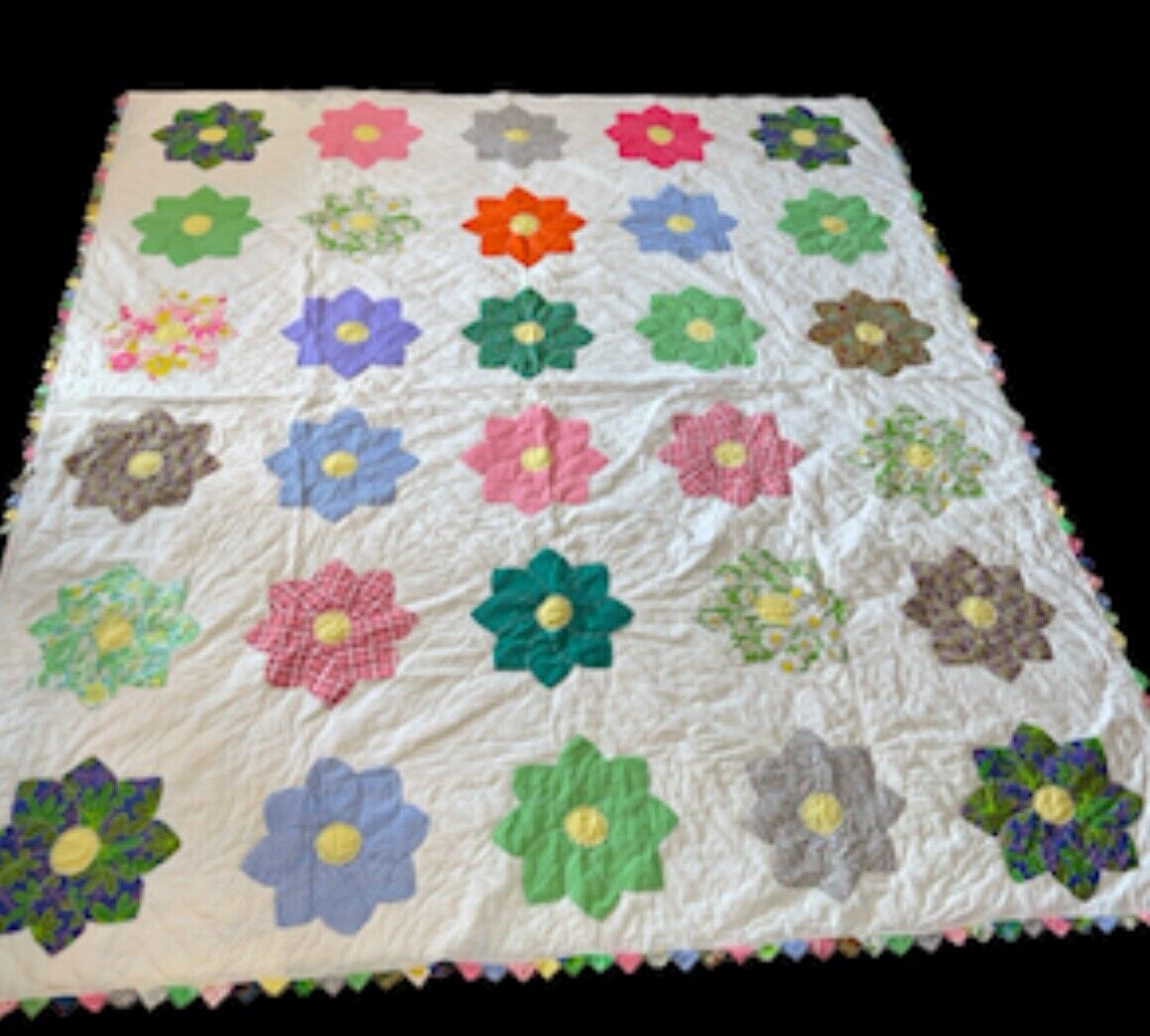 Vintage Handmade Quilt Bedspread Feed Sack Grandmother Flower Garden 89X79 In