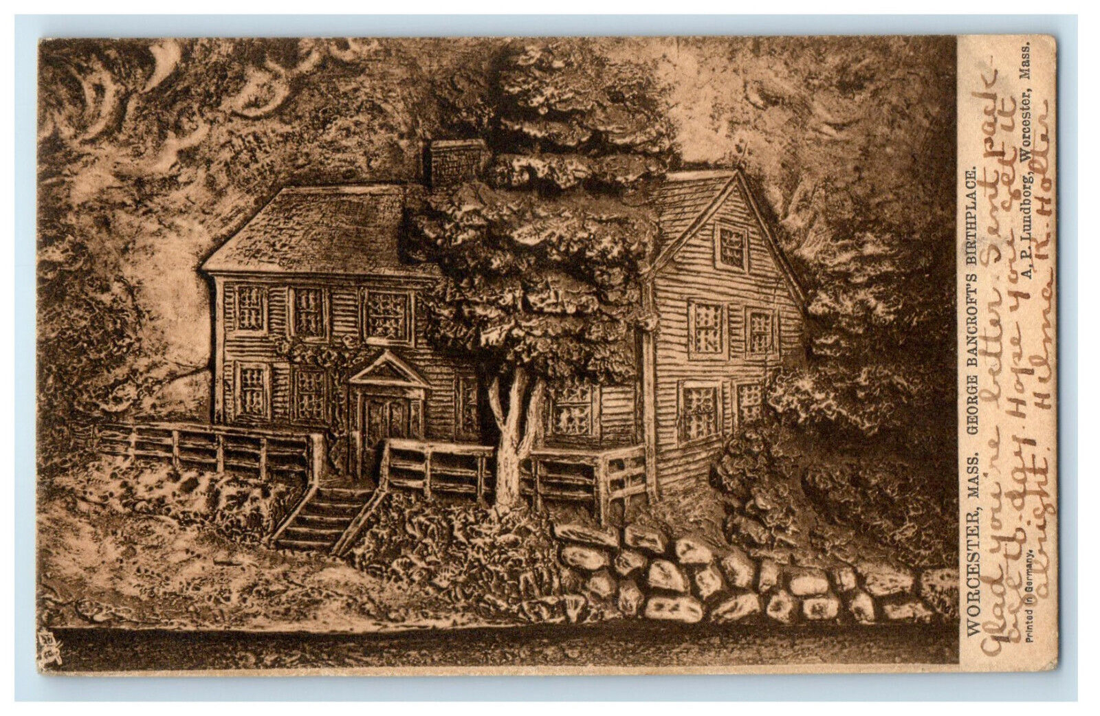 1907 George Bancroft's Birthplace Worcester Massachusetts MA Tuck Postcard
