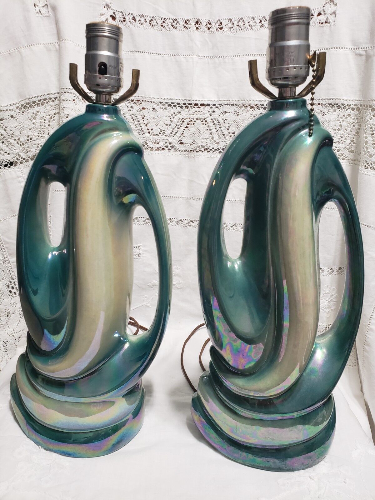 Pair of Vintage MCM Turquoise Iridescent Swirl Ceramic lamps