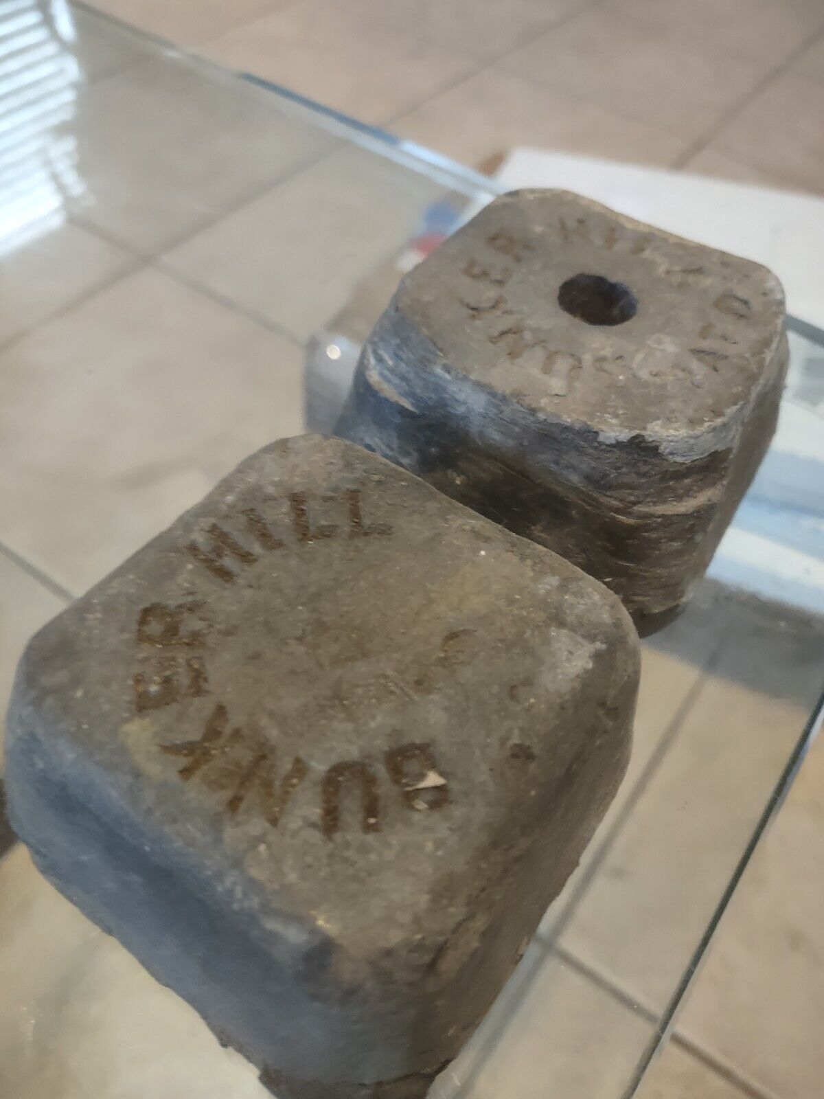 2 VINTAGE BUNKER HILL LEAD INGOT BARS PAPER WEIGHTS COUNTER WEIGHT