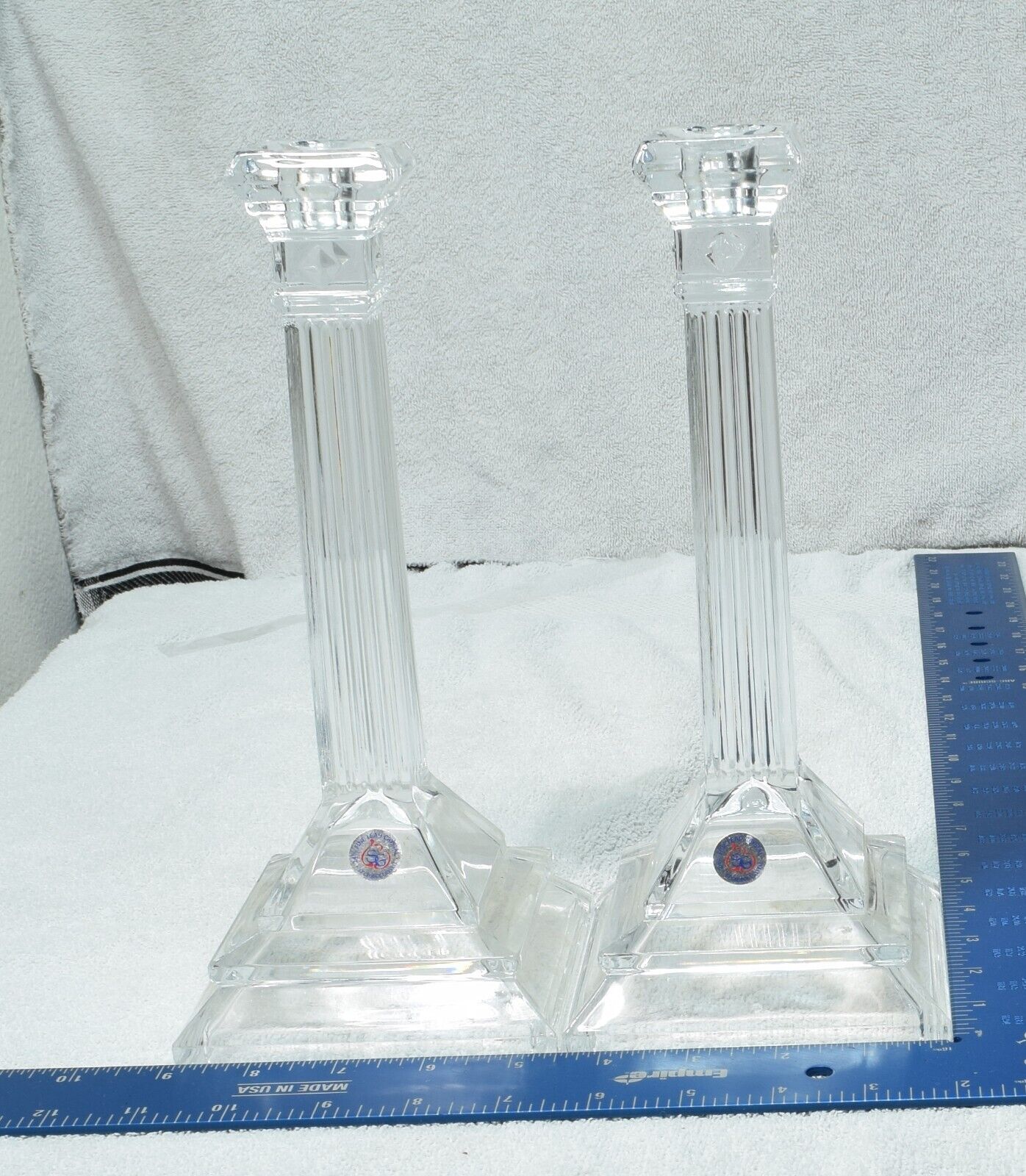PAIR OF ST. GEORGE 24% FINE LEAD CRYSTAL 10” CANDLESTICKS CANDLE HOLDERS