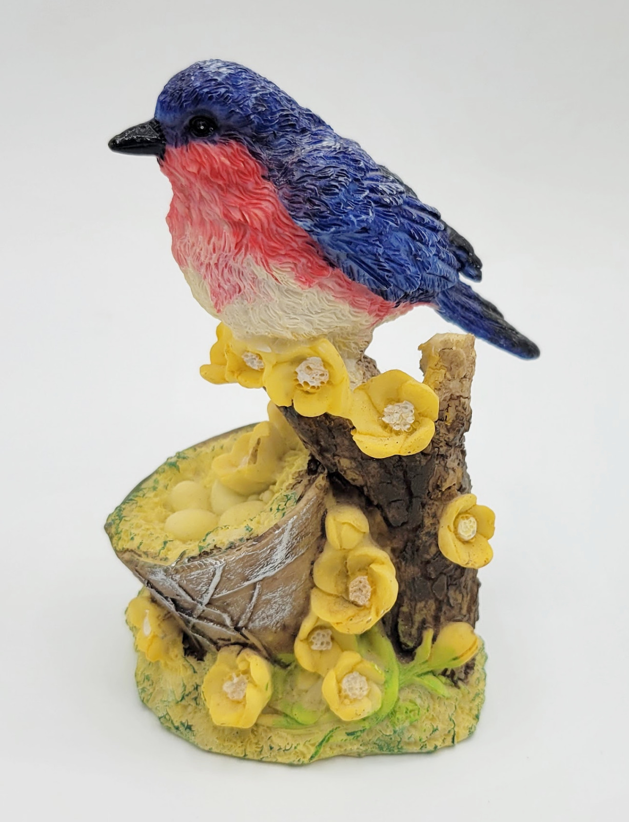 Vintage Resin Blue Bird on Branch Figurine With Yellow Flowers and Eggs Nest