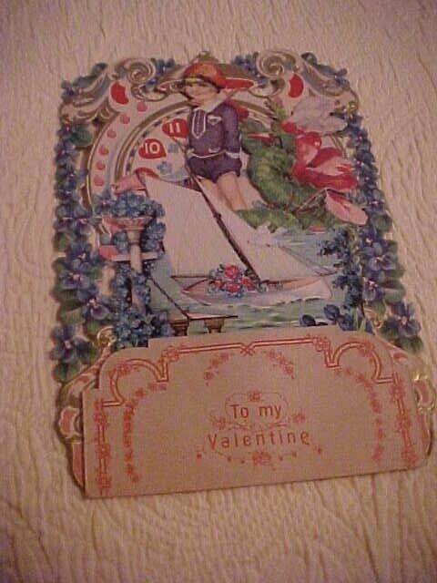 VTG Germany Fold Out Valentine Card Little Boy w/ Sailboat