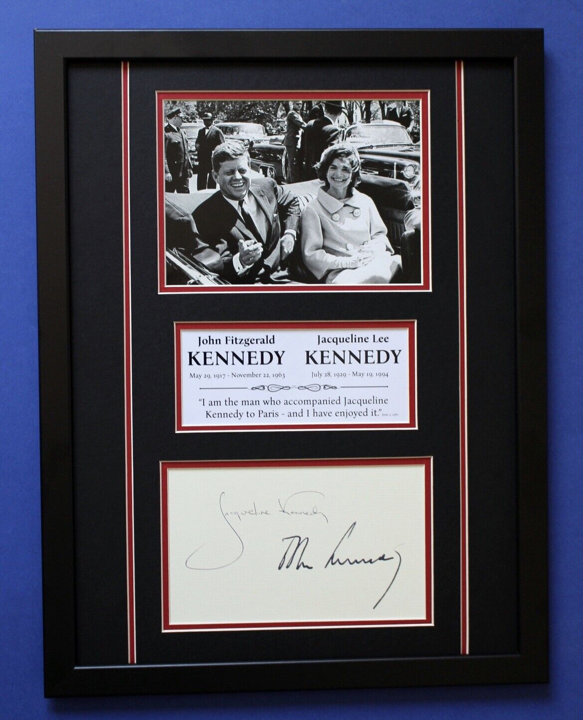 Jacqueline & John F. KENNEDY AUTOGRAPHS framed artistic display JFK President