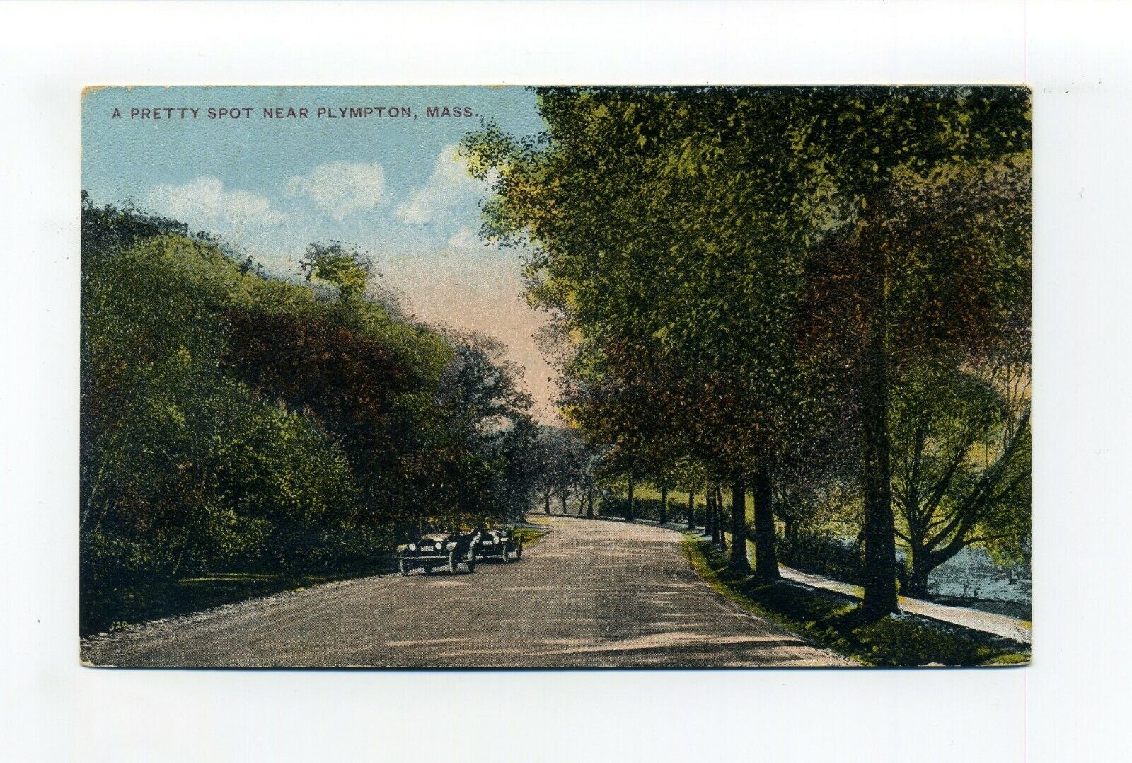 Plympton MA Mass antique postcard, 1917, 2 old cars on dirt road, Pretty Spot