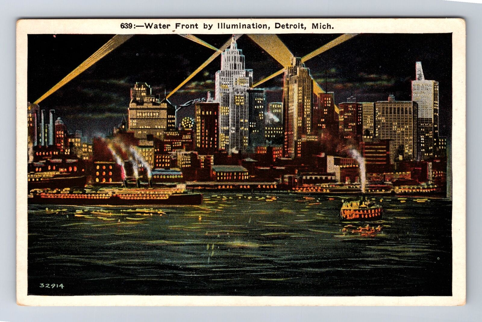 Detroit MI-Michigan, Water Front By Illumination, Antique, Vintage Postcard