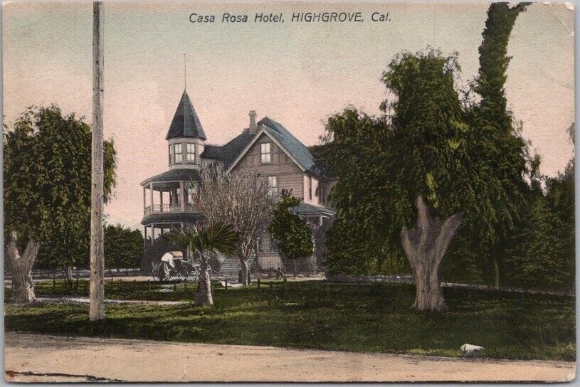 HIGHGROVE, California HAND-COLORED Postcard CASA ROSA HOTEL / 1908 CA Cancel