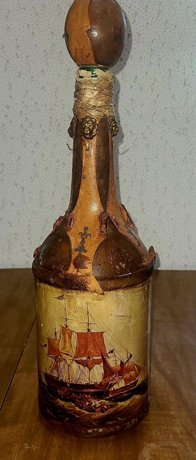 Antique LEATHER WRAPPED DECANTER BOTTLE Italy NAUTICAL Sailing Ships Pirate