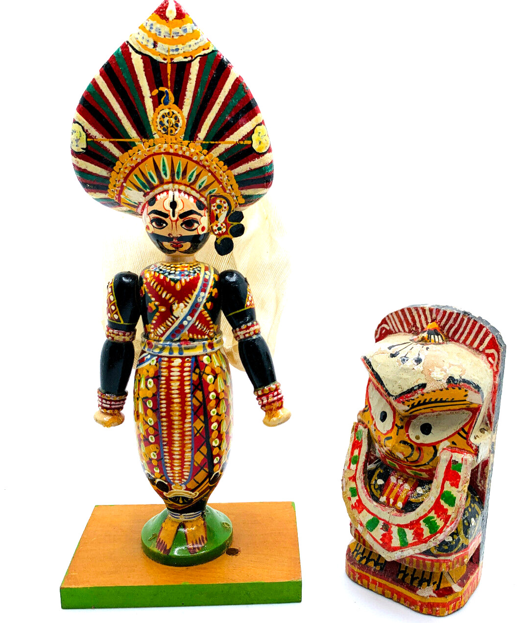 Lot 2 Vtg Mini Small Kathakali Hindu Indian South Asian Wood Figurines w Veil