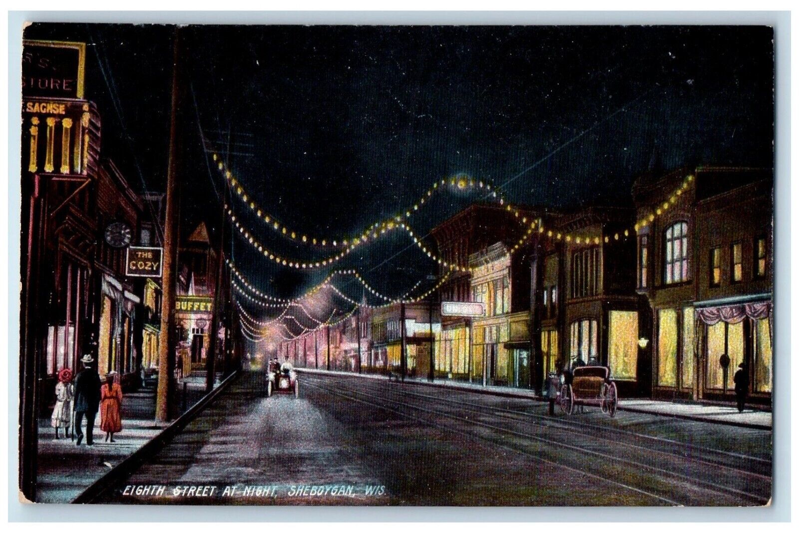 c1910's Eight Street At Night The Cozy Buffet Sheboygan Wisconsin WI Postcard