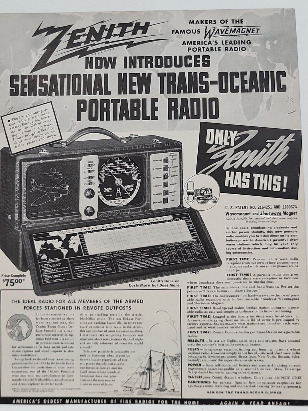 1942 Zenith Trans-Oceanic Portable Radio Fortune WW2 Print Ad Q1 Armed Forces