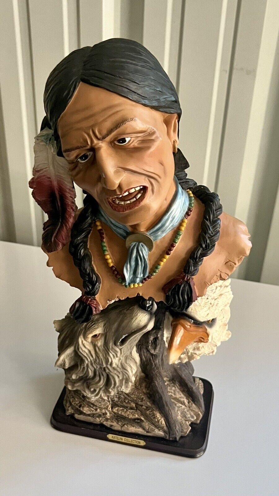 Large 19” Vintage Native American Man, Wolf & Eagle Statue By KATELYN COLLECTION