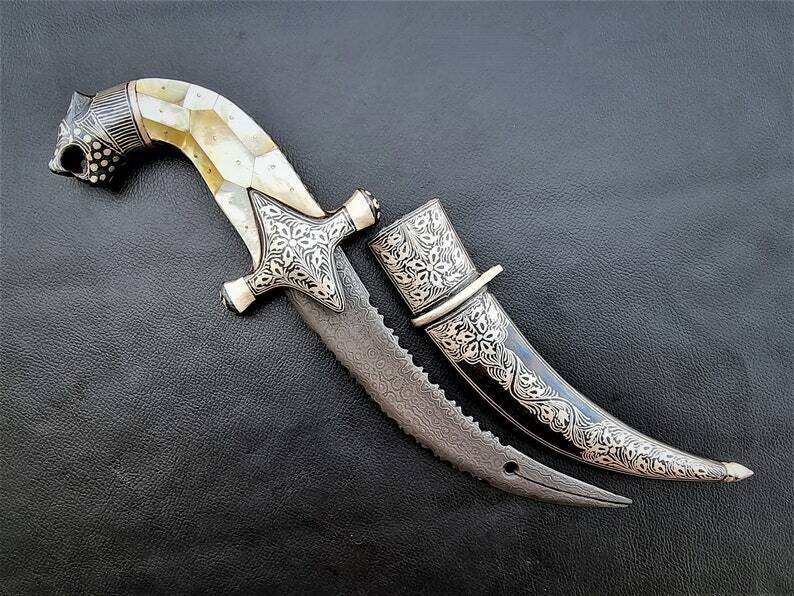 Indian Oriental Indo Persian Daggers W/ Silver Damascened & Mother Pearl Handle