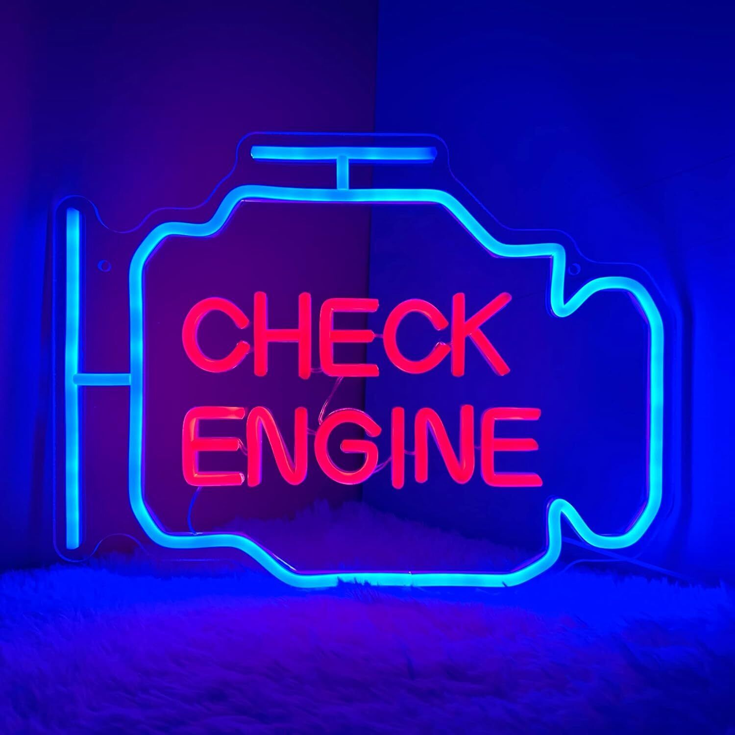Blue&Red Check Engine Neon Sign USB Power For Auto Repair Shop Garage Wall Decor