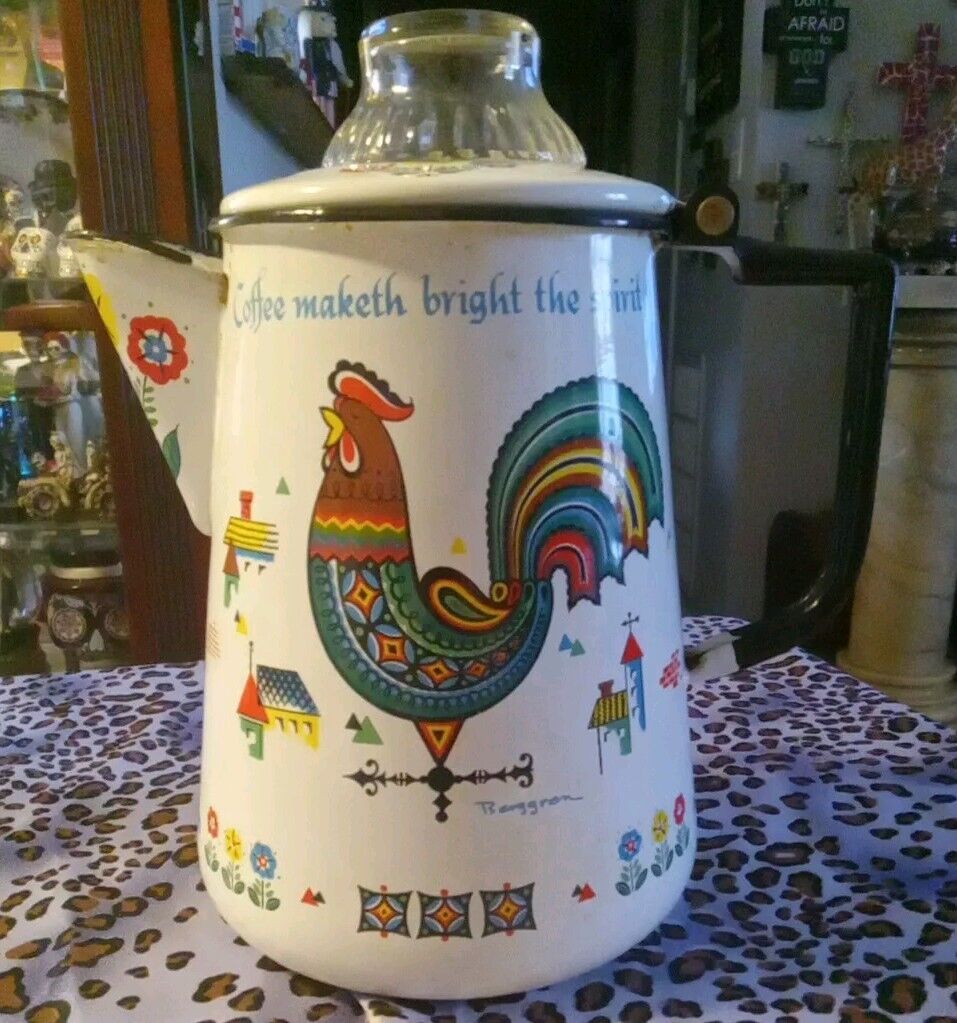 Vintage BERGGREN Enamel Coffee Pot Swedish Rooster Farm Flowers Glass Finial