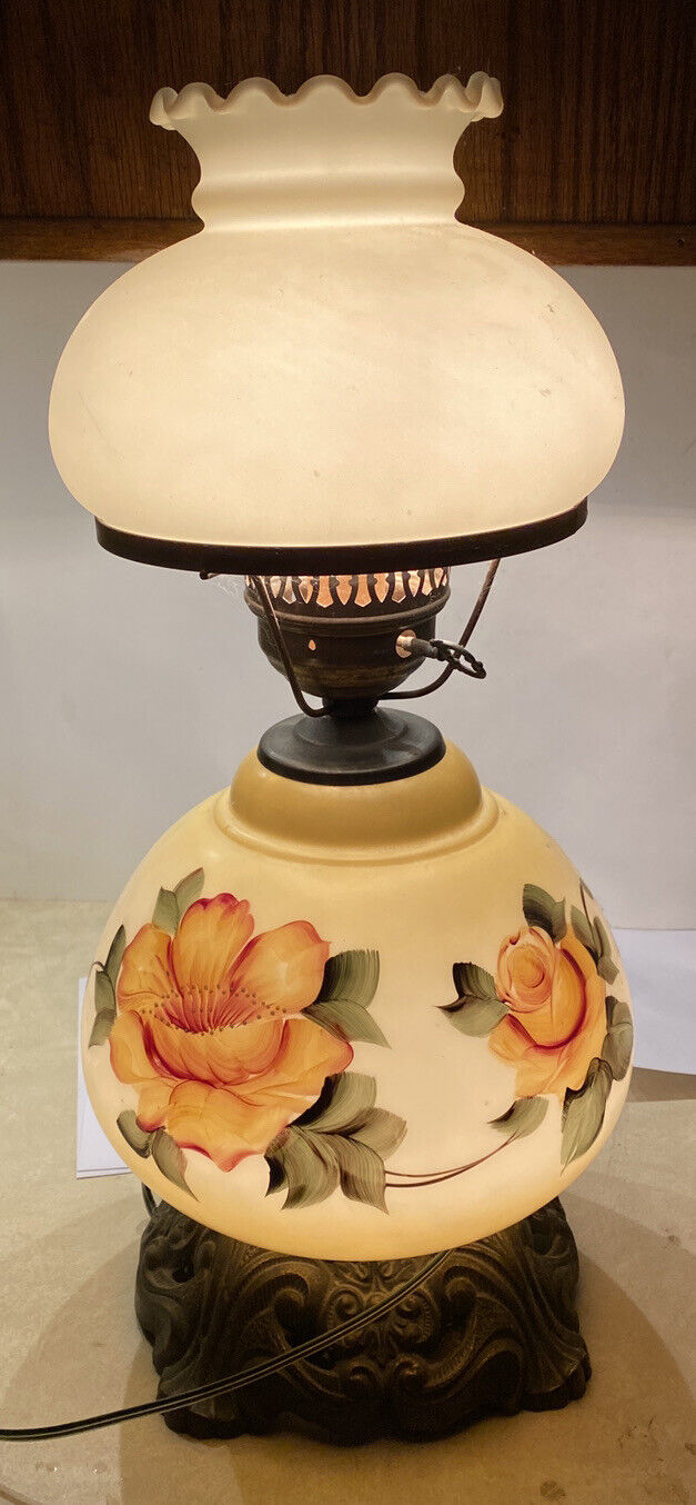 Vintage  Gone With the Wind Hurricane Parlor  3-way Table Lamp Hand Painted Rose