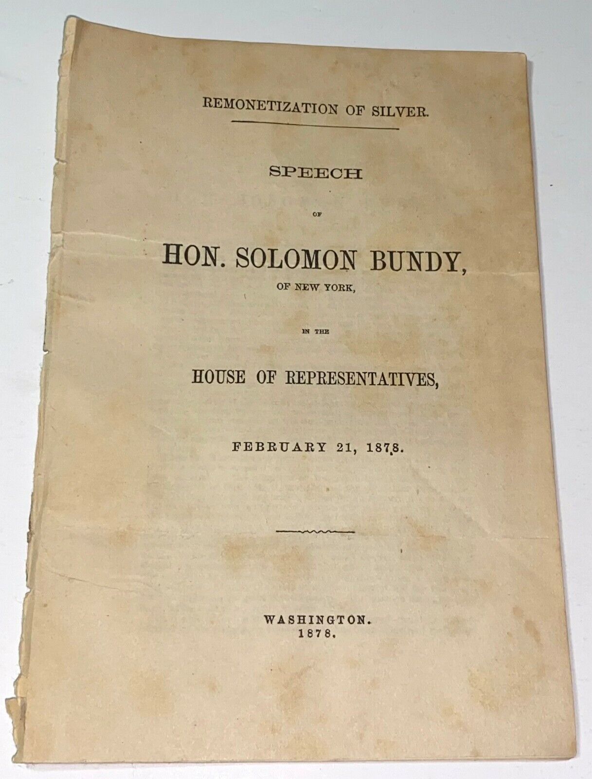 Rare Antique Victorian Political Speech Hon. Solomon Bundy NY Washington 1878
