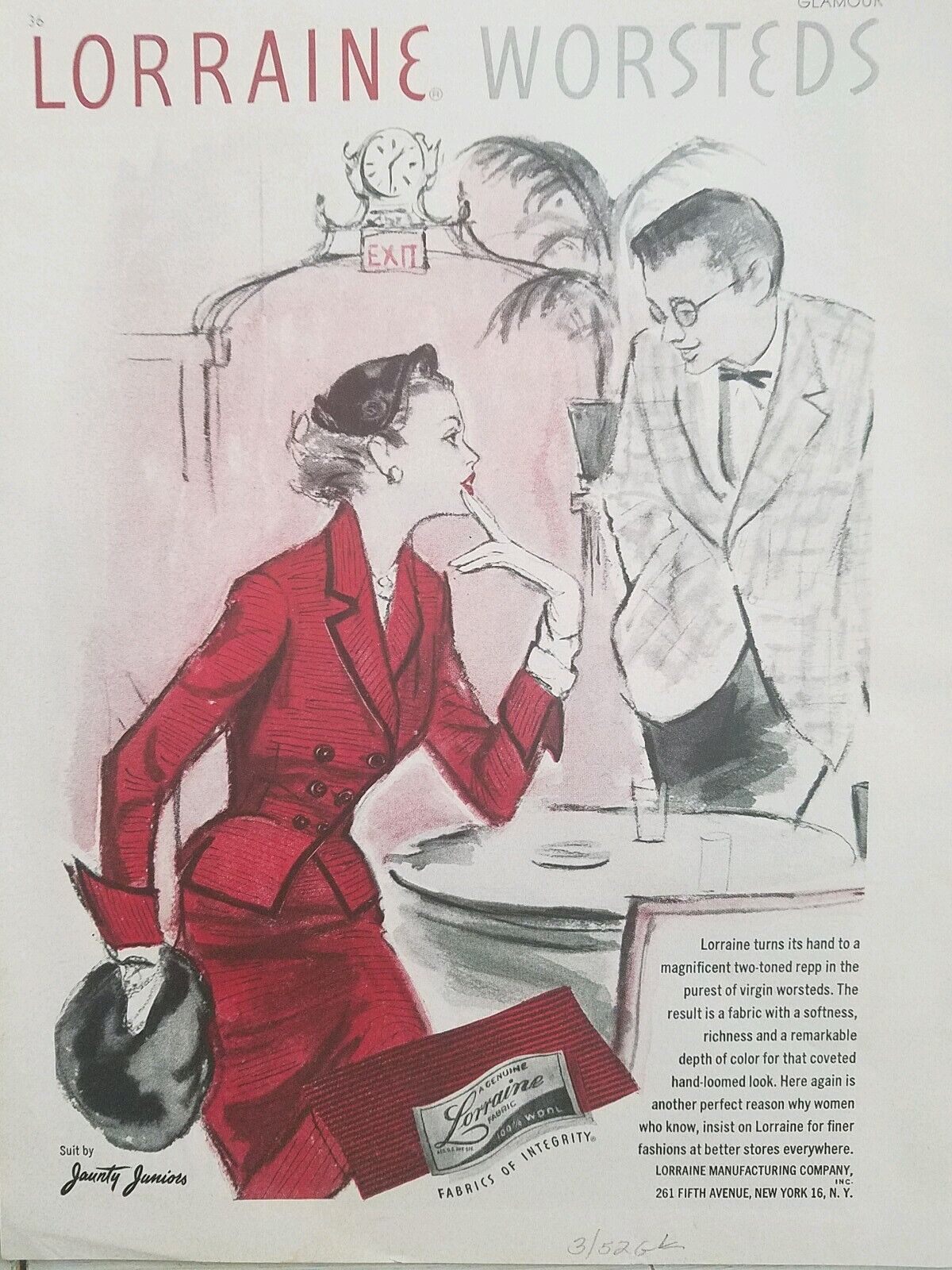 1952 Lorraine Worsteds women\'s Jaunty Junior\'s red suit vintage fashion ad