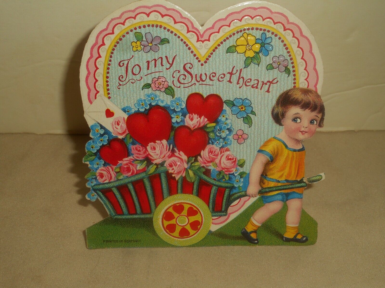VALENTINE Card Die Cut Stand Up Cute Girl Flower Cart of Hearts GERMANY 1920\'s