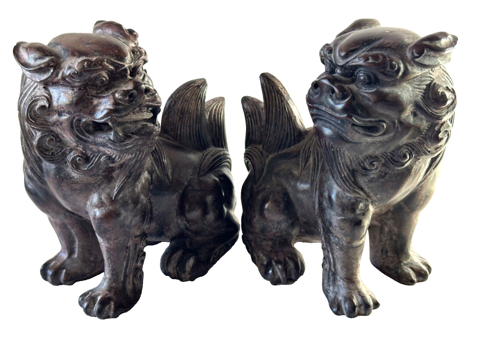 Vintage Pair  2 PC Bronzed Colored Resin Foo Dogs Feng Shui Bookends /Figurine