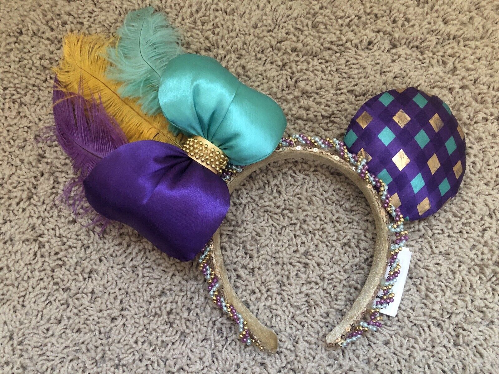 Disney Parks Mardi Gras New Orleans Minnie Mouse Ears Headband Beads Feathers