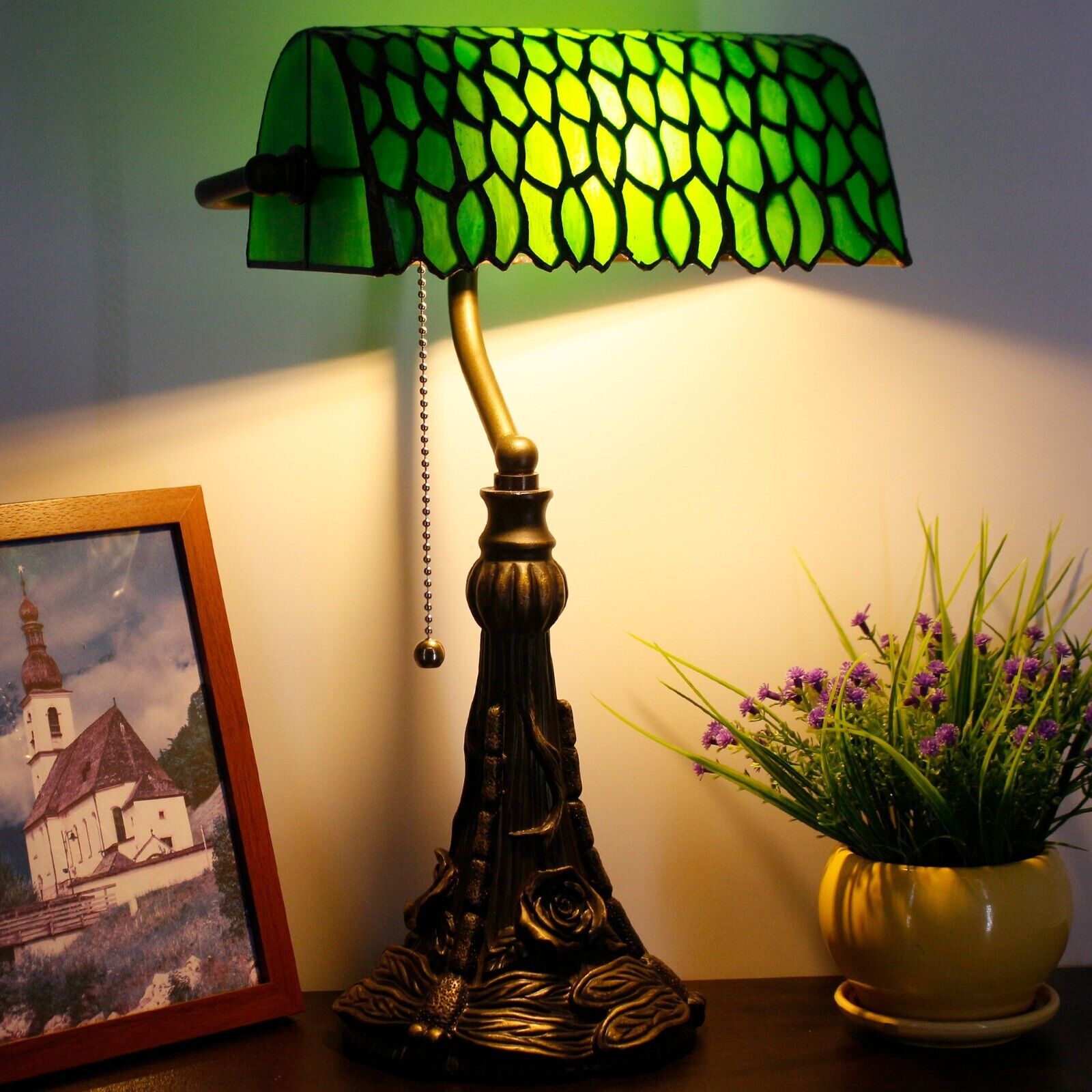 Small Tiffany Table Lamp Green Wisteria Leaves Stained Glass Desk Lamp 11inch