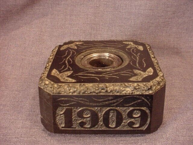 AMERICAN ANTIQUE 1909 FOLK ART CARVED ANTHRACITE COAL INKWELL RARE