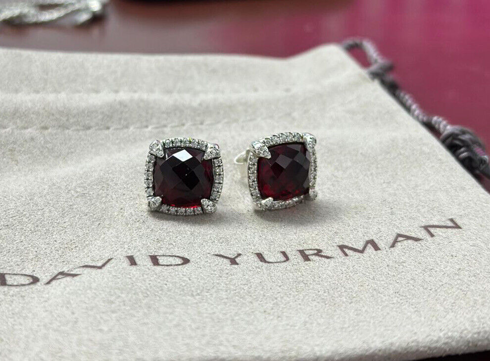 David Yurman 925 Silver Chatelaine 9mm Red Garnet & Pave Diamonds Earring