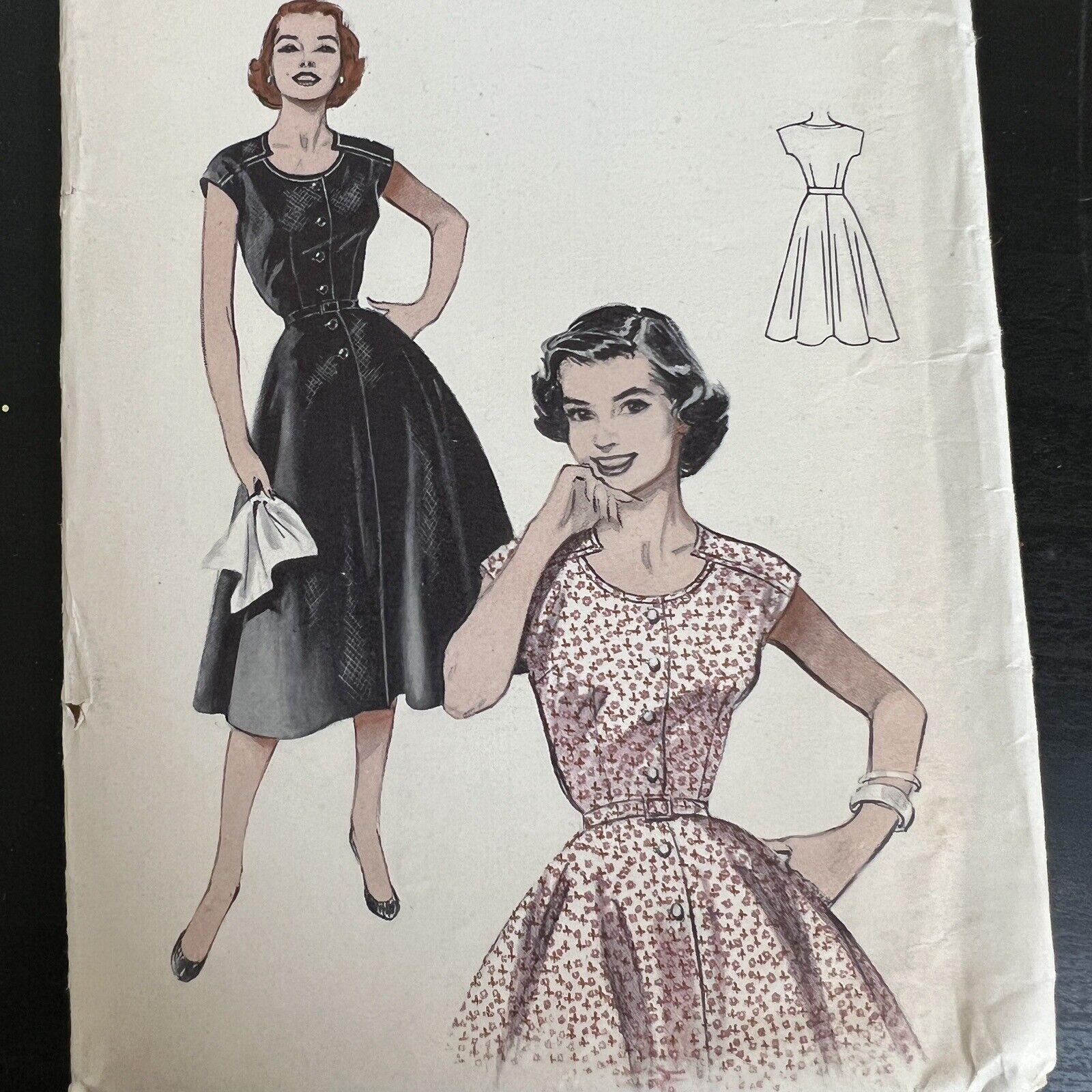 Vintage 50s Butterick 6945 Button Front Flared Skirt Dress Sewing Pattern 20 CUT