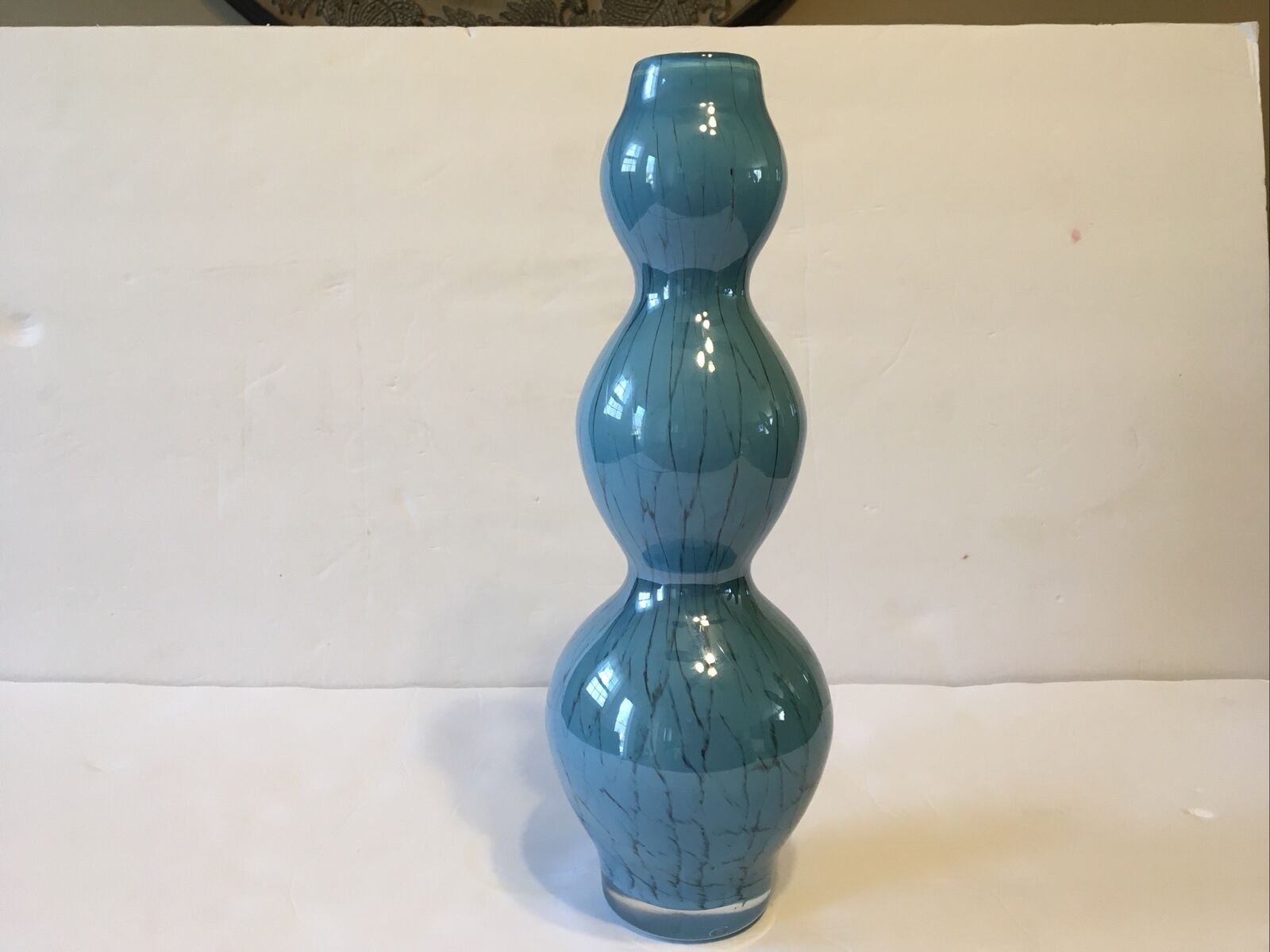 triple gourd bulbous  glass vase turquoise w/black abstract lines