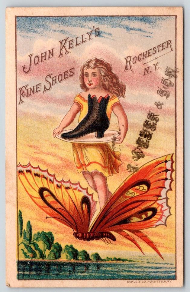 1880\'s JOHN KELLY\'S SHOES ROCHESTER GIRL BUTTERFLY MYTHICAL FANTASY TRADE CARD