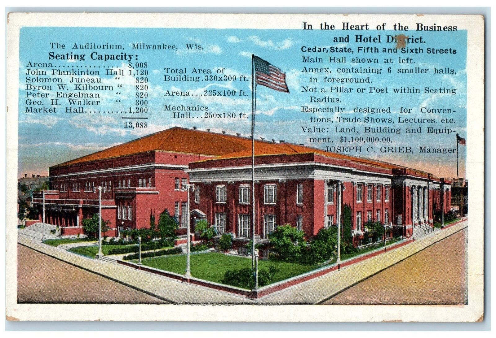 c1920s The Auditorium Exterior Roadside Milwaukee Wisconsin WI Unposted Postcard