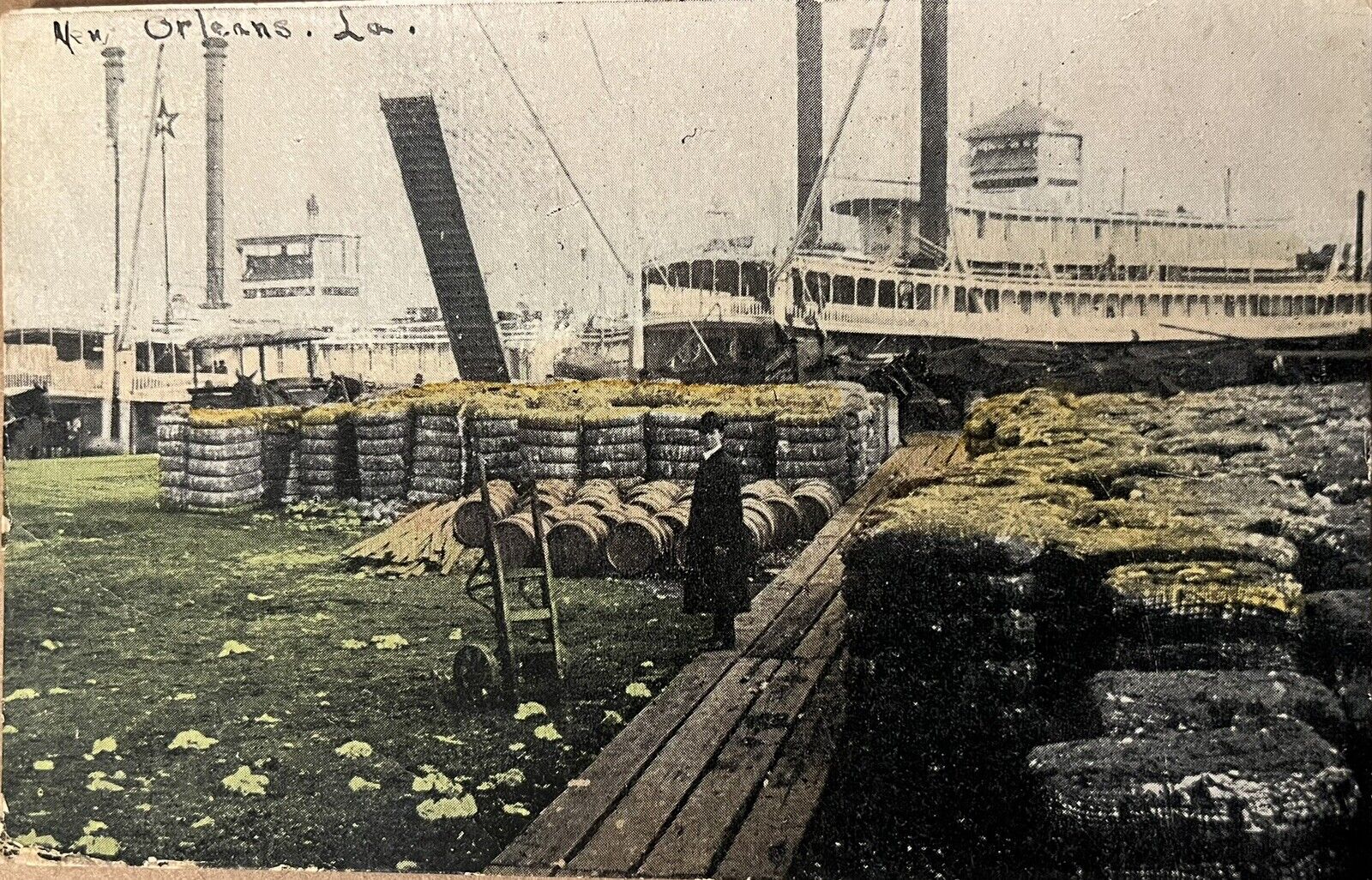 New Orleans Cotton Wharf Steamships Louisiana Antique Postcard c1910