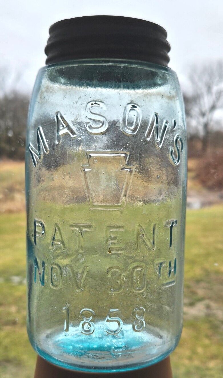 Blue Quart Mason's w/ Keystone Patent Nov 30th 1858 Fruit Canning