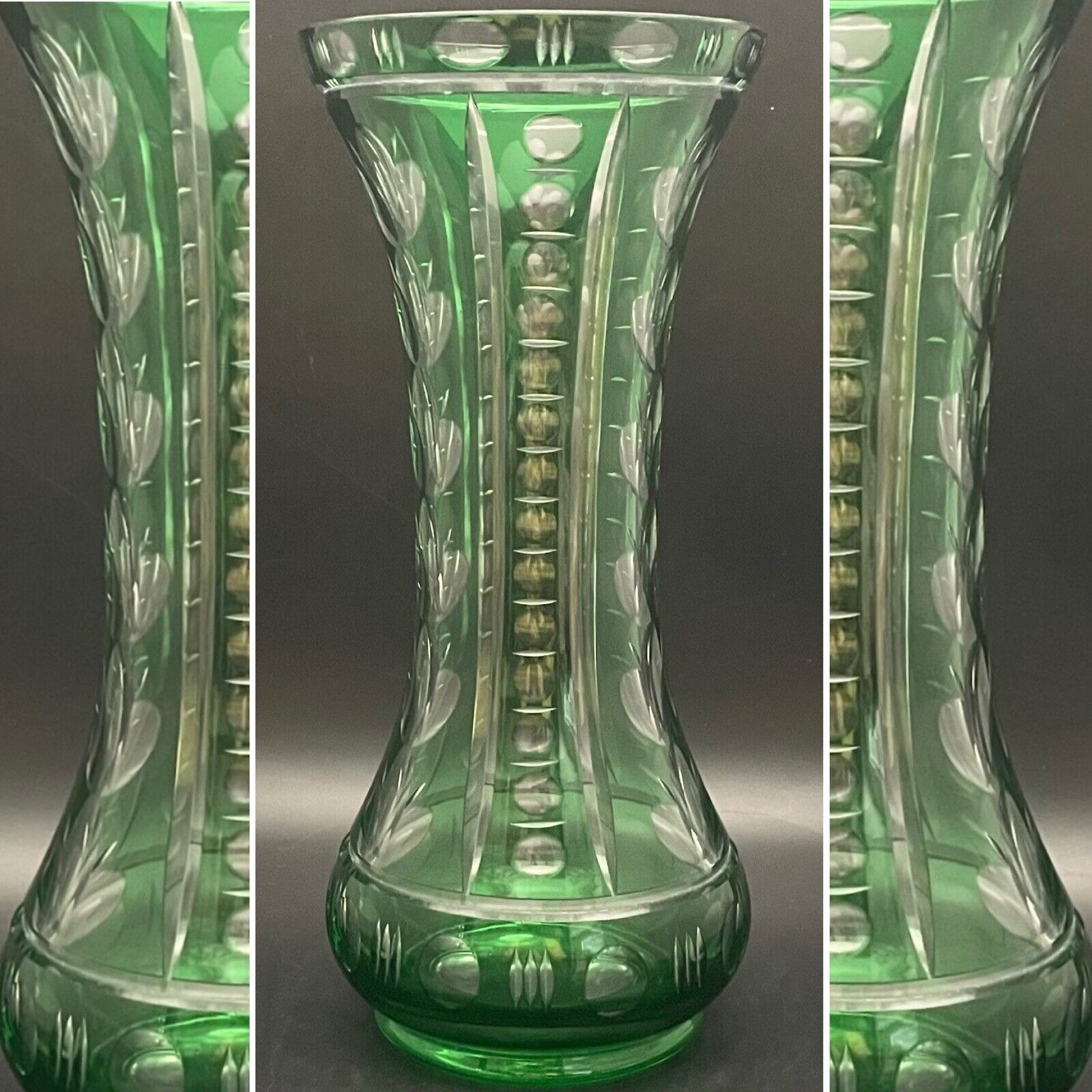 Bohemia Cased Emerald Green Cut to Clear Crystal Vase Made in Czechoslovakia 12\