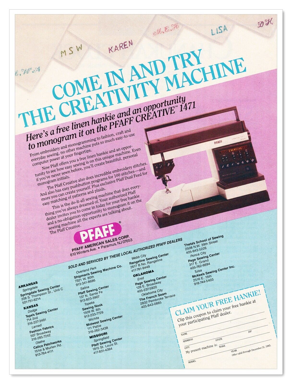 Pfaff Creative 1471 Computerized Sewing Machine Vintage 1985 Print Magazine Ad